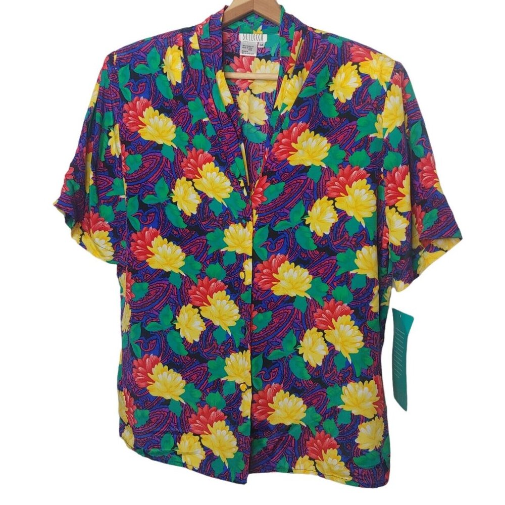 NOS Vintage Sellecca Womens 14 Blouse Short Sleeve Floral Pink Yellow Shirt NEW